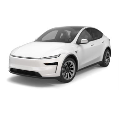 A white, modern electric car with a sleek design and dark tinted windows, viewed from the front left angle against a plain background.